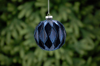 Navy Flocked Geometric Segments Glass Bauble