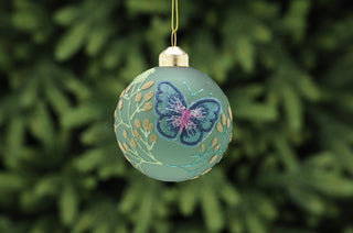 Green Butterfly Embellished Glass Bauble