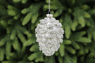 Antique Silver Glass Pine Cone With Glitter Hanging Decoration