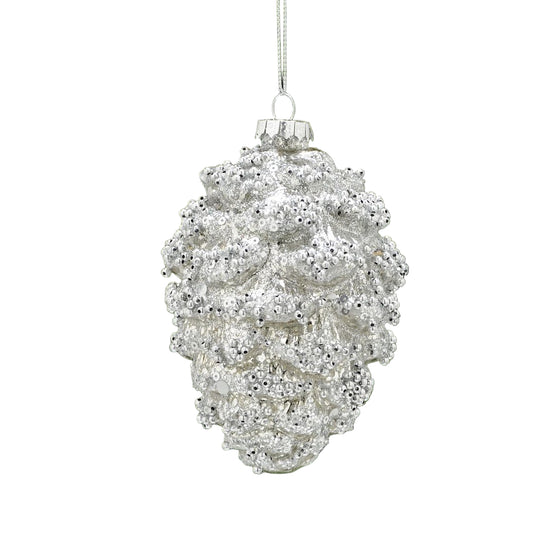 Antique Silver Glass Pine Cone With Glitter Hanging Decoration