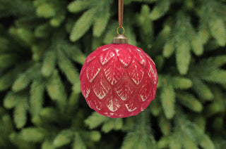 Red Flock Glass Bauble With Gold Leaves