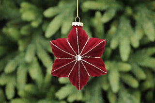 Flocked Red & Gold Glass Poinsettia Hanging Decoration 