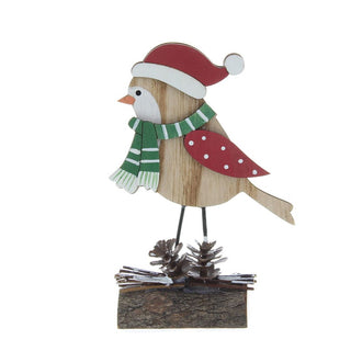 Wooden Natural Robin With Red/White Hat Ornament