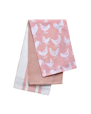 The Pantry Hen & Cockerel Set of 3 Tea Towels Pink