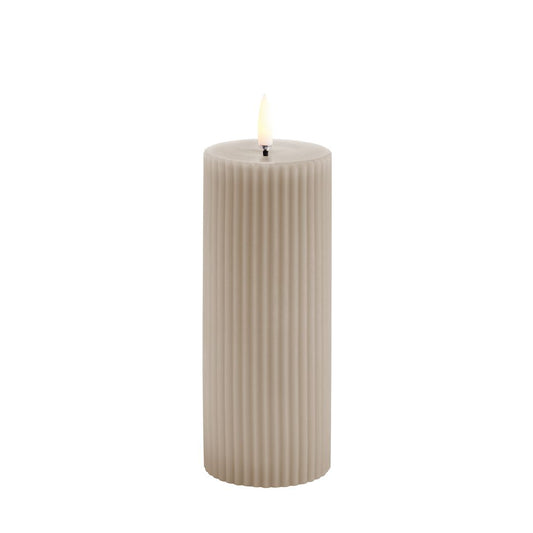 LED Grooved Pillar Candle Sandstone 15cm