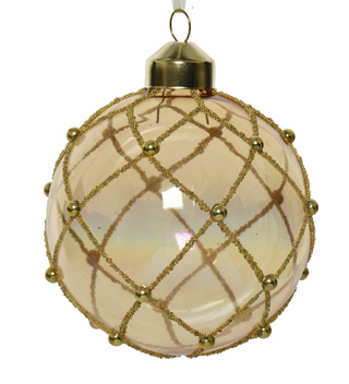 Gold Glitter Trellis Lines Pearl Glass Bauble