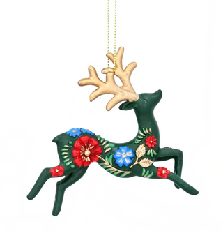 Folk Art Resin Reindeer Hanging Decoration Green