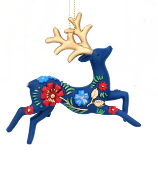 Folk Art Resin Reindeer Hanging Decoration Blue