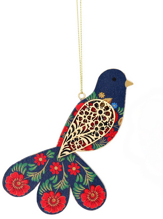 Folk Art Wood Fantail Blue Bird Hanging Decoration