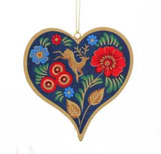 Folk Art Wood Heart Blue Hanging Decoration