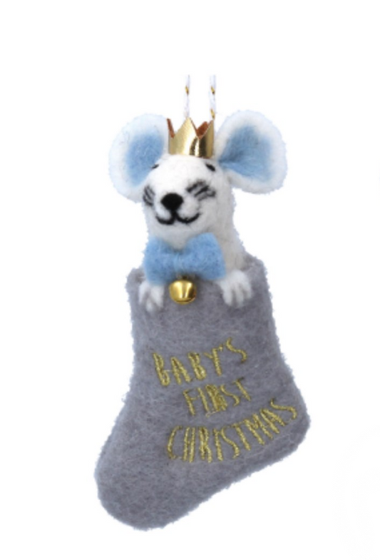 Babys 1st Christmas Mouse Stocking Blue Hanging Decoration