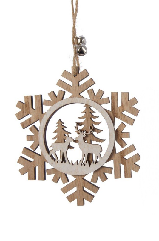 Snowflake Wood Stag and Deer Natural Tree Decoration