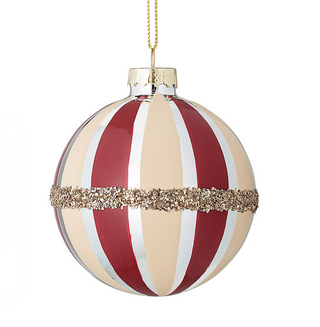 White Cream and Red Striped Glass Bauble with Glitter Band