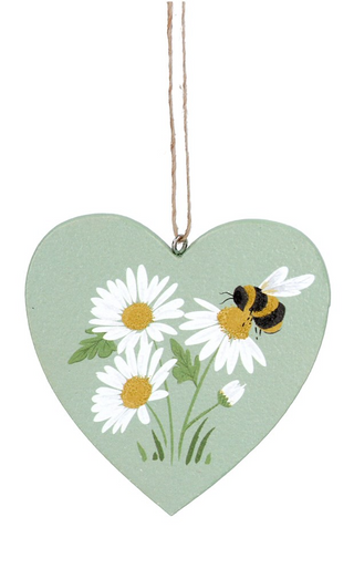 Daisy Bee Wooden Heart Decoration Green