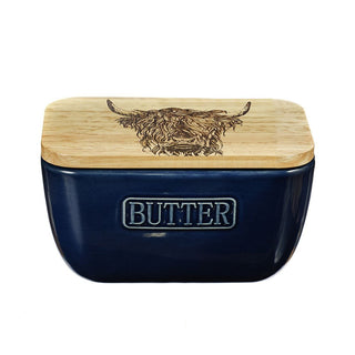 Highland Cow Oak & Ceramic Butter Dish Blue