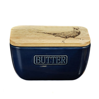 Pheasant Oak & Ceramic Butter Dish Blue