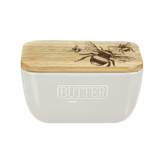 Bee Oak & Ceramic Butter Dish White