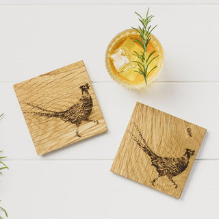 Etched Pheasant Oak Coasters - Set of 2