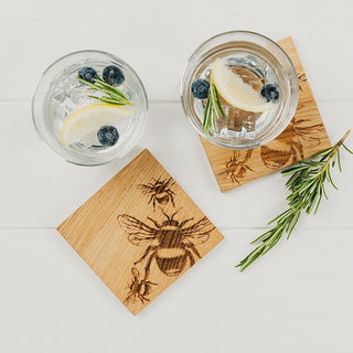 Etched Bee Oak Coasters - Set of 2